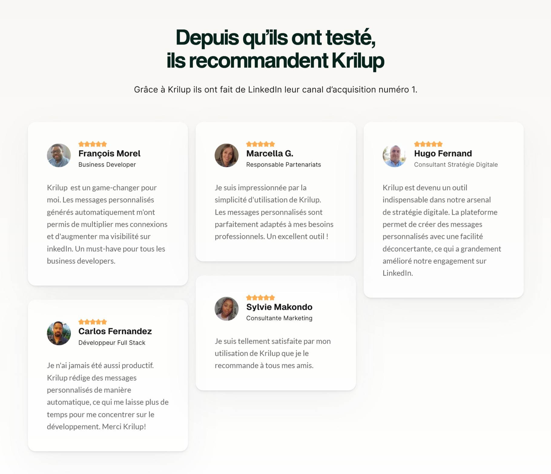 section témoignages landing page krilup