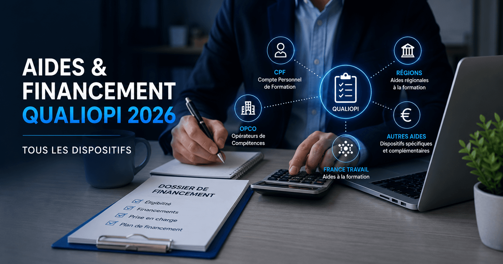 Illustration des aides et financements disponibles pour obtenir la certification Qualiopi en 2026, incluant CPF, OPCO, France Travail et dispositifs régionaux.
