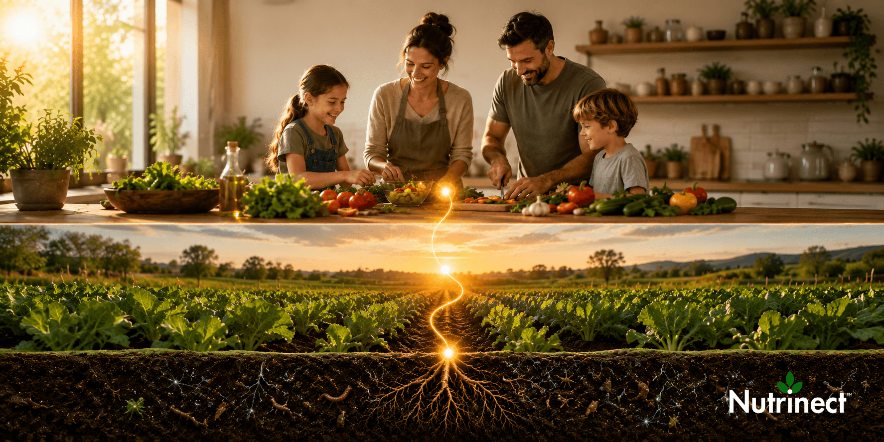 Family preparing fresh vegetables above thriving farmland and healthy soil, illustrating the connection between soil health, nutritious food, and wellness.