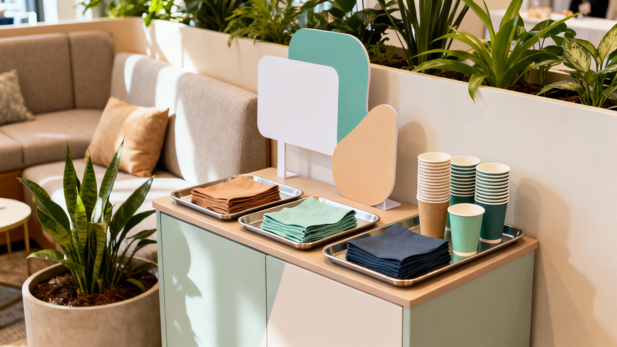 Una moderna sala de espera con un mueble de bebidas, tazas, servilletas y plantas decorativas.