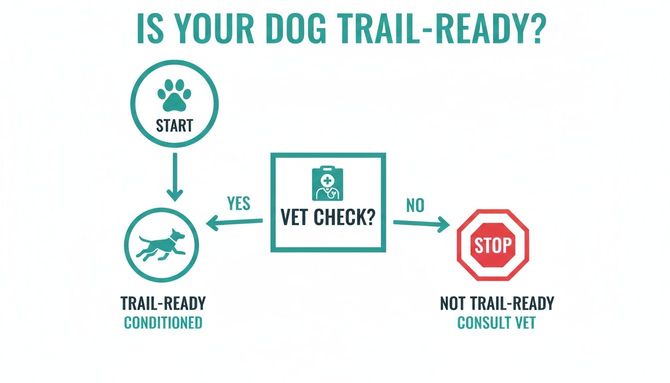 A flowchart titled 'Is Your Dog Trail-Ready?' guiding pet owners through a vet check decision.