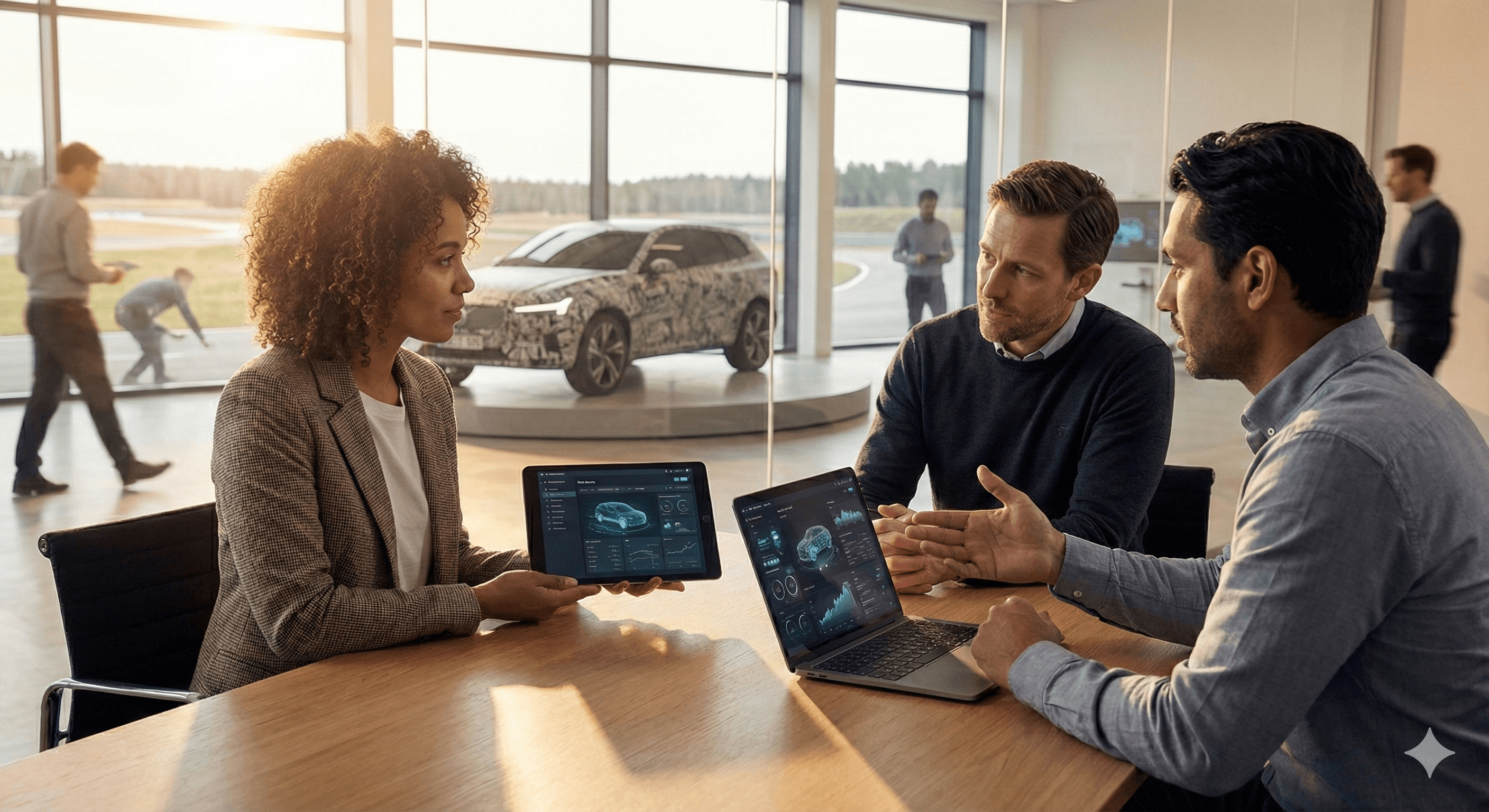 Three business professionals engage in a discussion around a conference table, each with their laptops open, displaying high-tech interfaces possibly related to Volvo AI, in a modern office with a camouflaged car visible by the large windows.