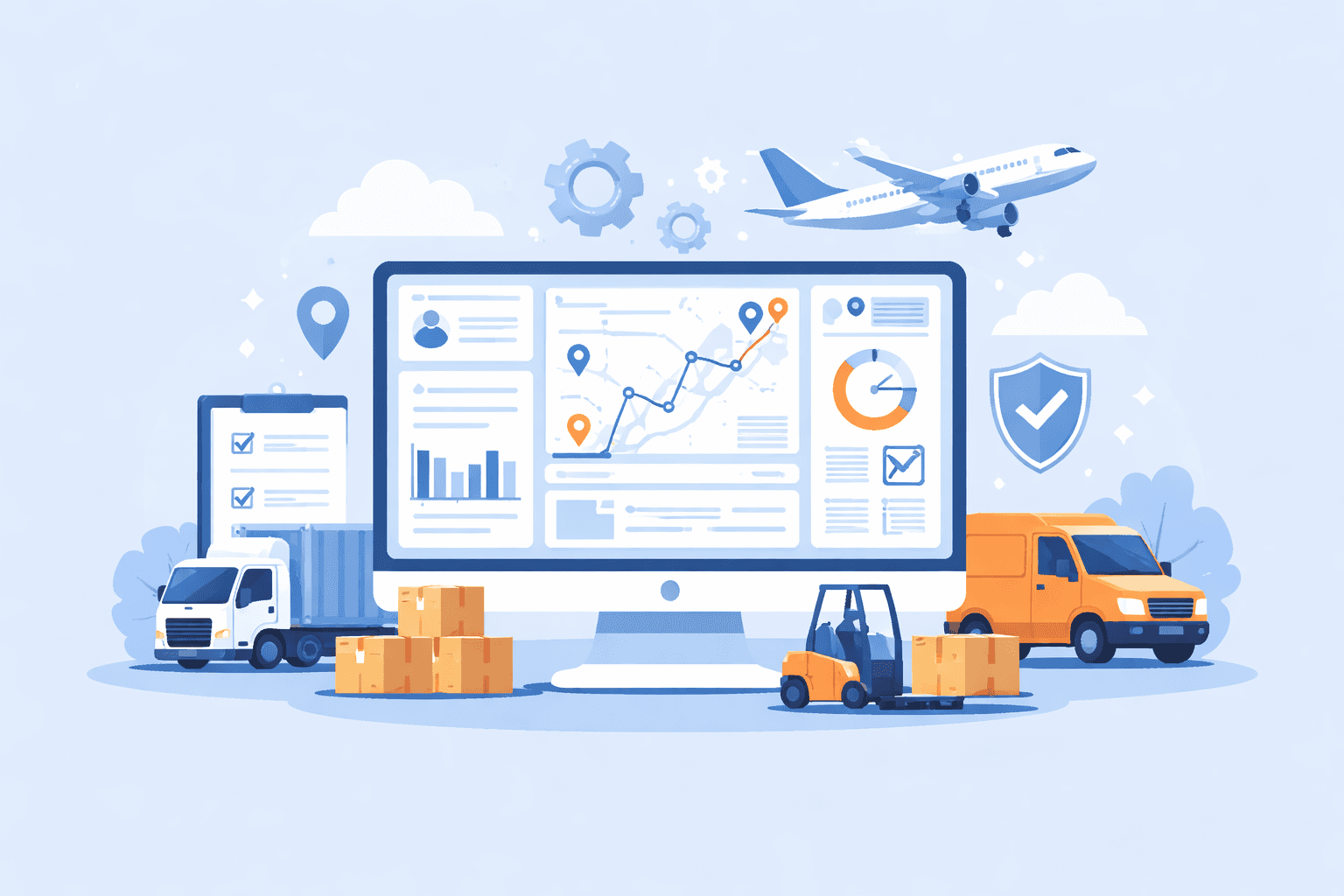 Transportation management system (TMS) dashboard showing real-time shipment tracking, route optimization, and logistics operations
