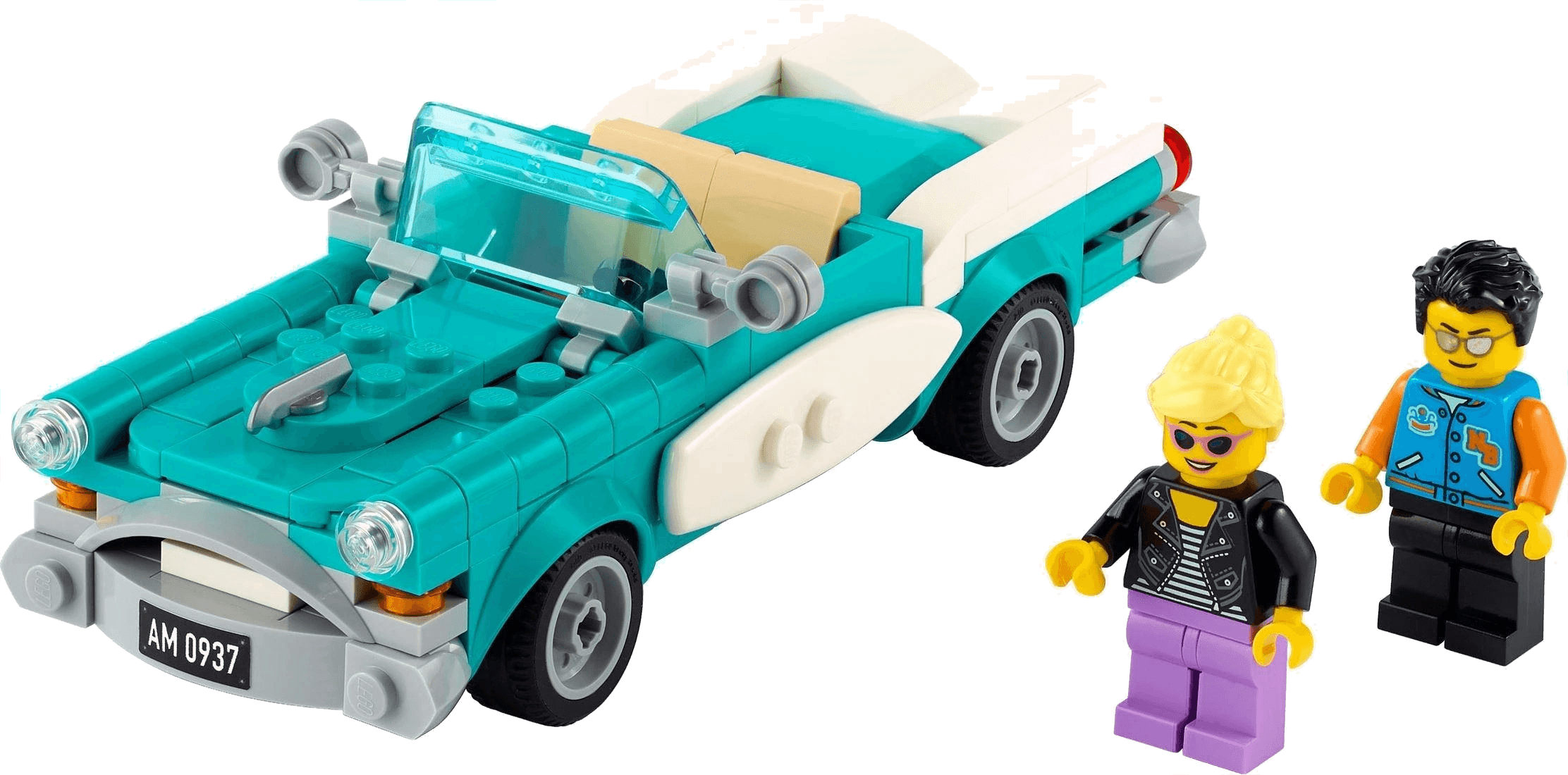 LEGO® Vintage Car (sett 40448) - ferdigbygd turkis kabriolet med to minifigurer ved siden av, Brikkenerd