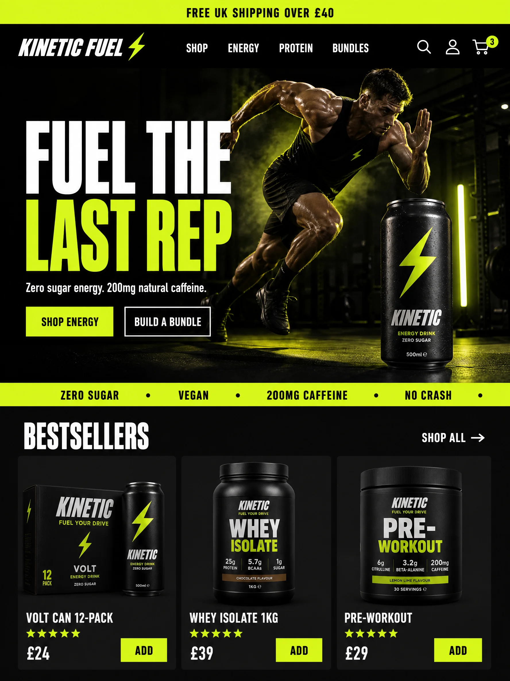 Home page of Kinetic Fuel, an example sports nutrition store with a custom Shopify theme, shown on a tablet