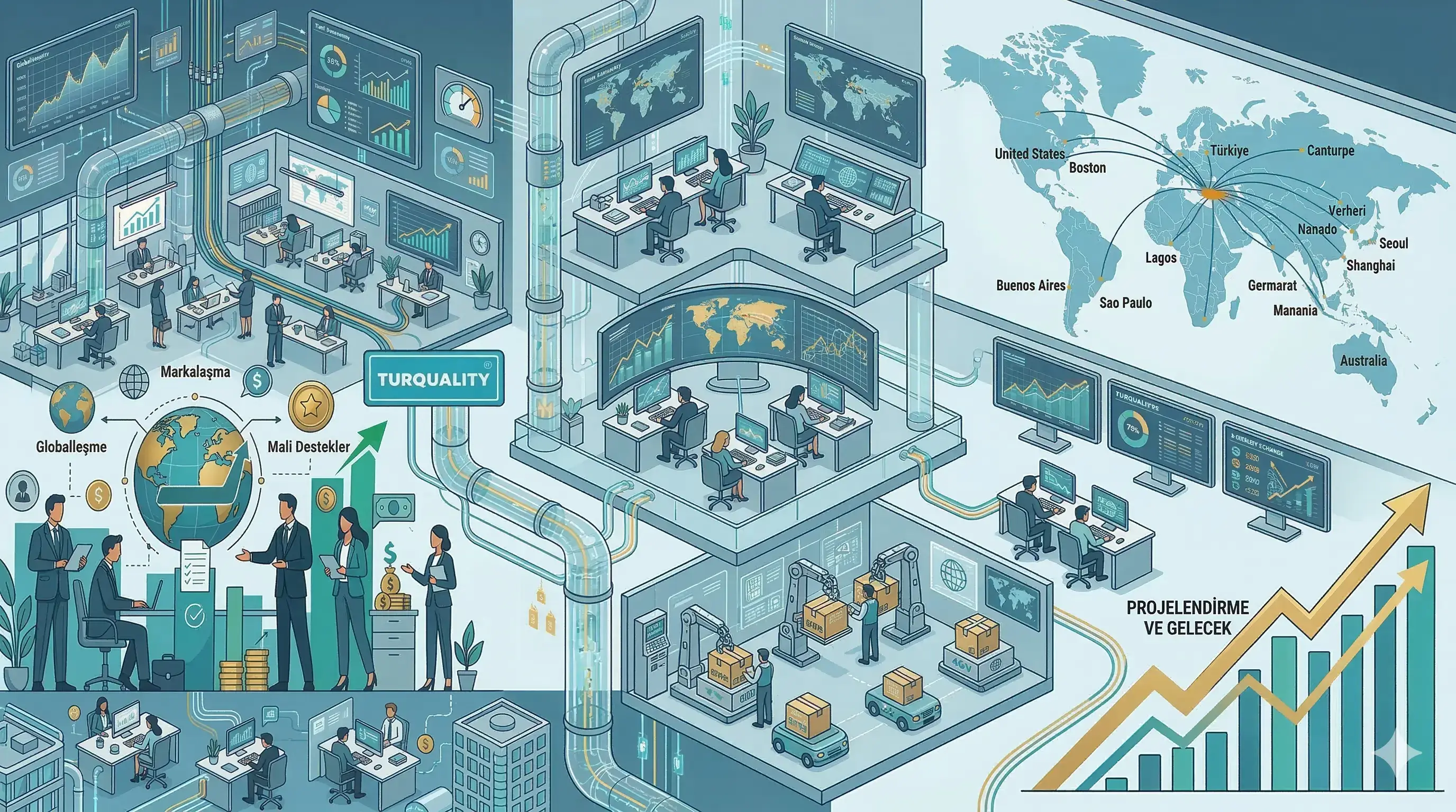 Turquality programı kapsamında markalaşma, globalleşme ve mali destek süreçlerini gösteren; veri analiz merkezleri, üretim otomasyonu, dünya haritası üzerinde küresel bağlantılar ve büyüme grafikleri içeren dijital dönüşüm temalı iş ekosistemi illüstrasyonu.