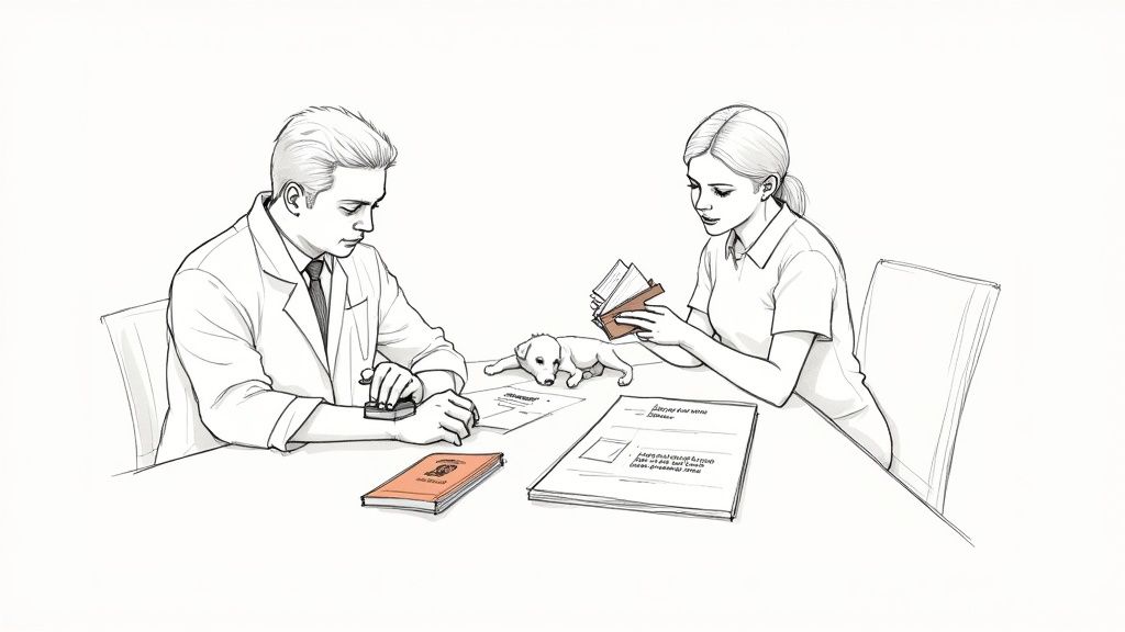 A happy dog with a suitcase, ready for travel, holding its pet travel health certificate.