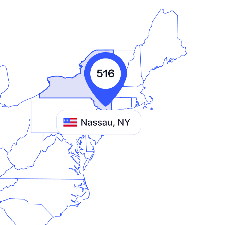 US map of 516 area code phone numbers and its coverage region