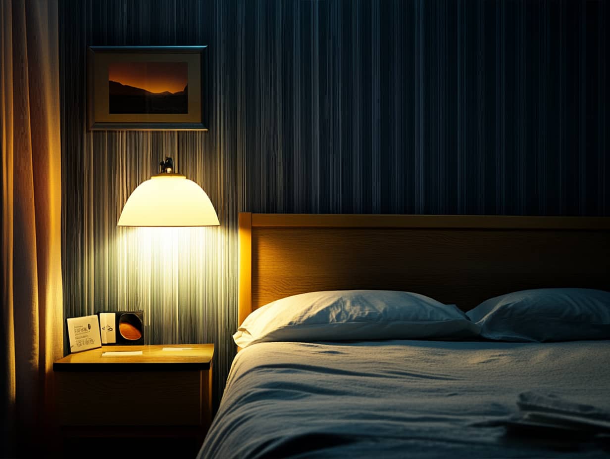 A cozy bedroom with soft lighting from a bedside lamp, featuring a neatly made bed with white linens, a wooden headboard, and decorative elements on a nightstand, creating a tranquil atmosphere conducive to sleep.