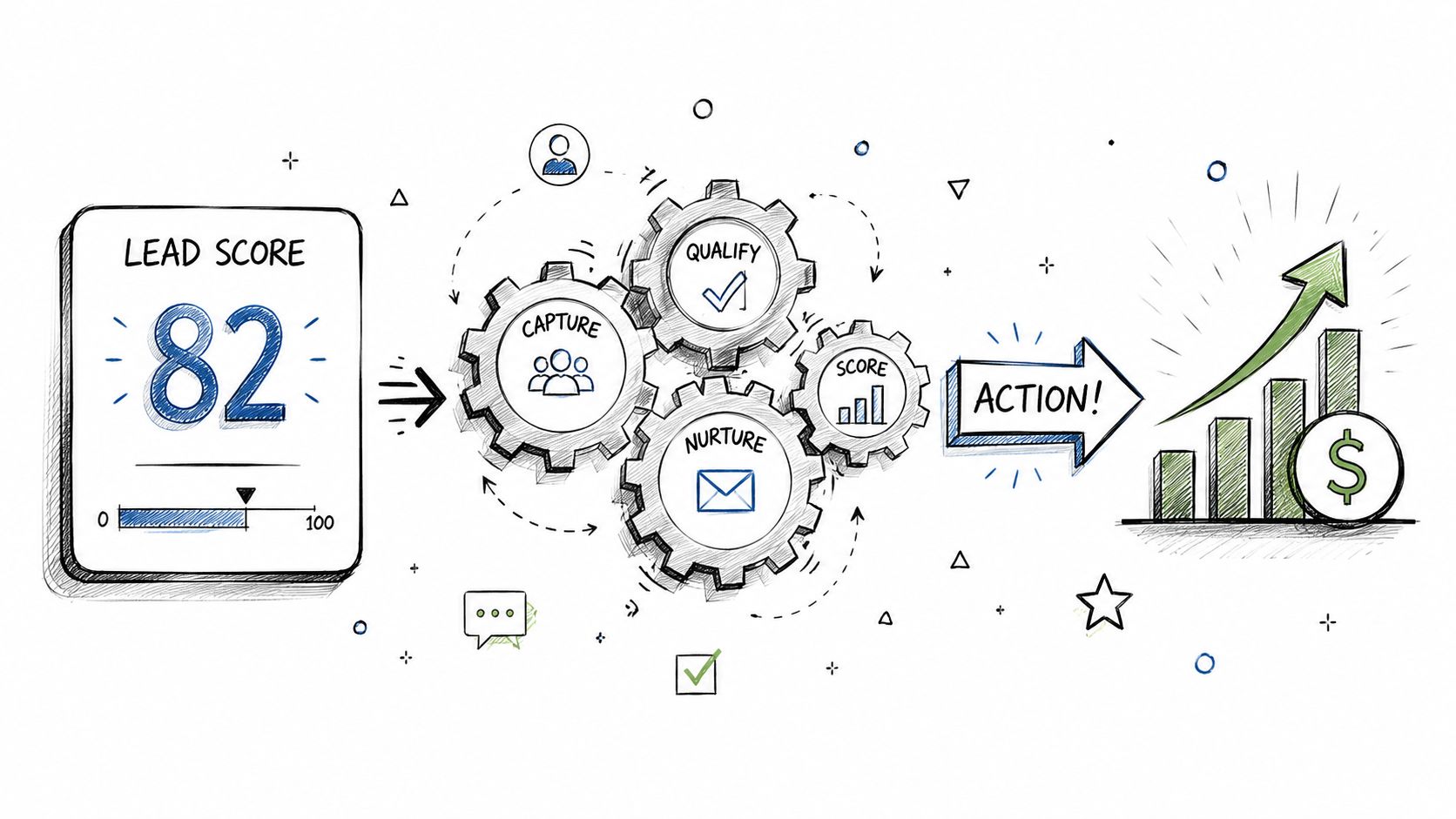 A hand-drawn illustration showing a lead scoring process moving from an 82 score to automated growth.