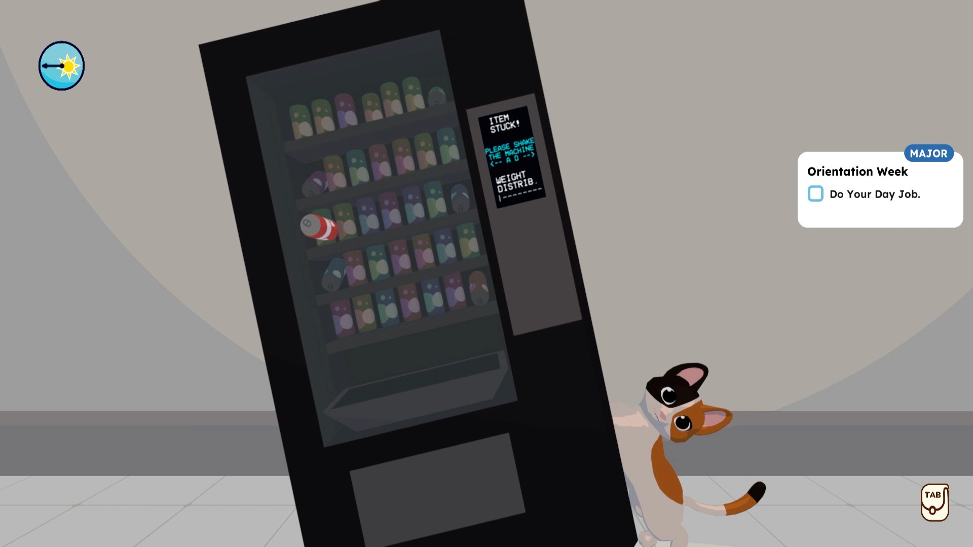 Cat Secretary tipping the vending machine to free a soda stuck in the machine
