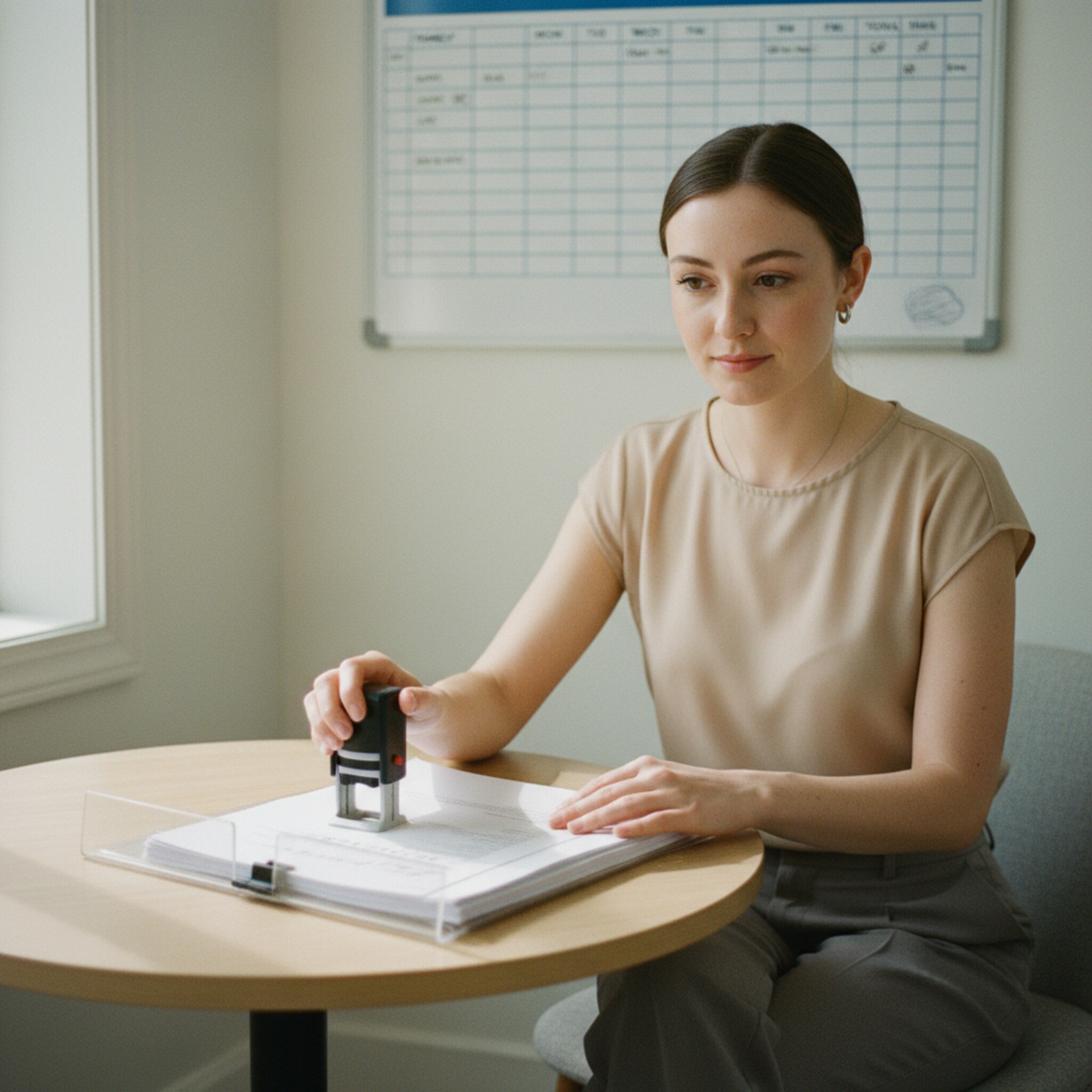 Ein kleiner Besprechungstisch, auf dem eine geordnete Mappe mit Rechnungen liegt. Eine Mitarbeiterin markiert ein Dokument mit einem Datumstempel. Nebenan hängt eine Liste über gebuchte Stunden je Familie. Die Atmosphäre ist sachlich und effizient, als seien Gebühren und Abrechnungen lückenlos geregelt.