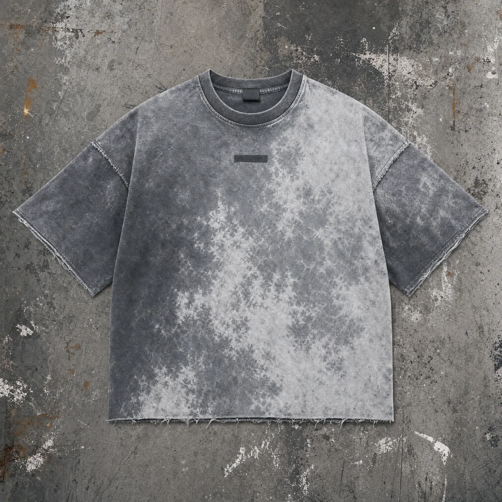 Grau gebatiktes T-Shirt vor einer Betonwand
