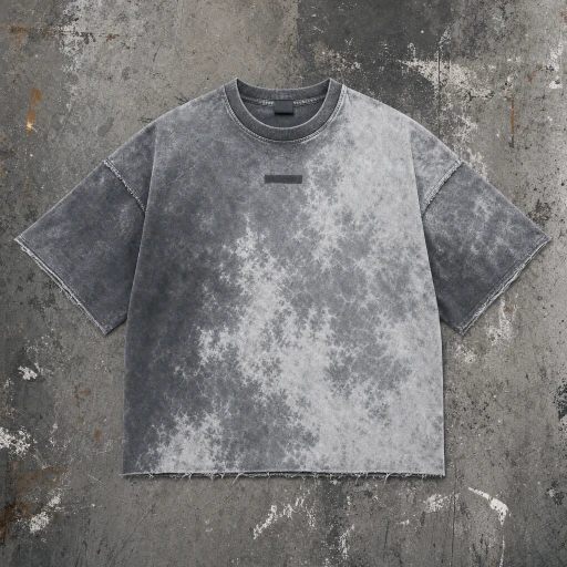 Grau gebatiktes T-Shirt vor einer Betonwand