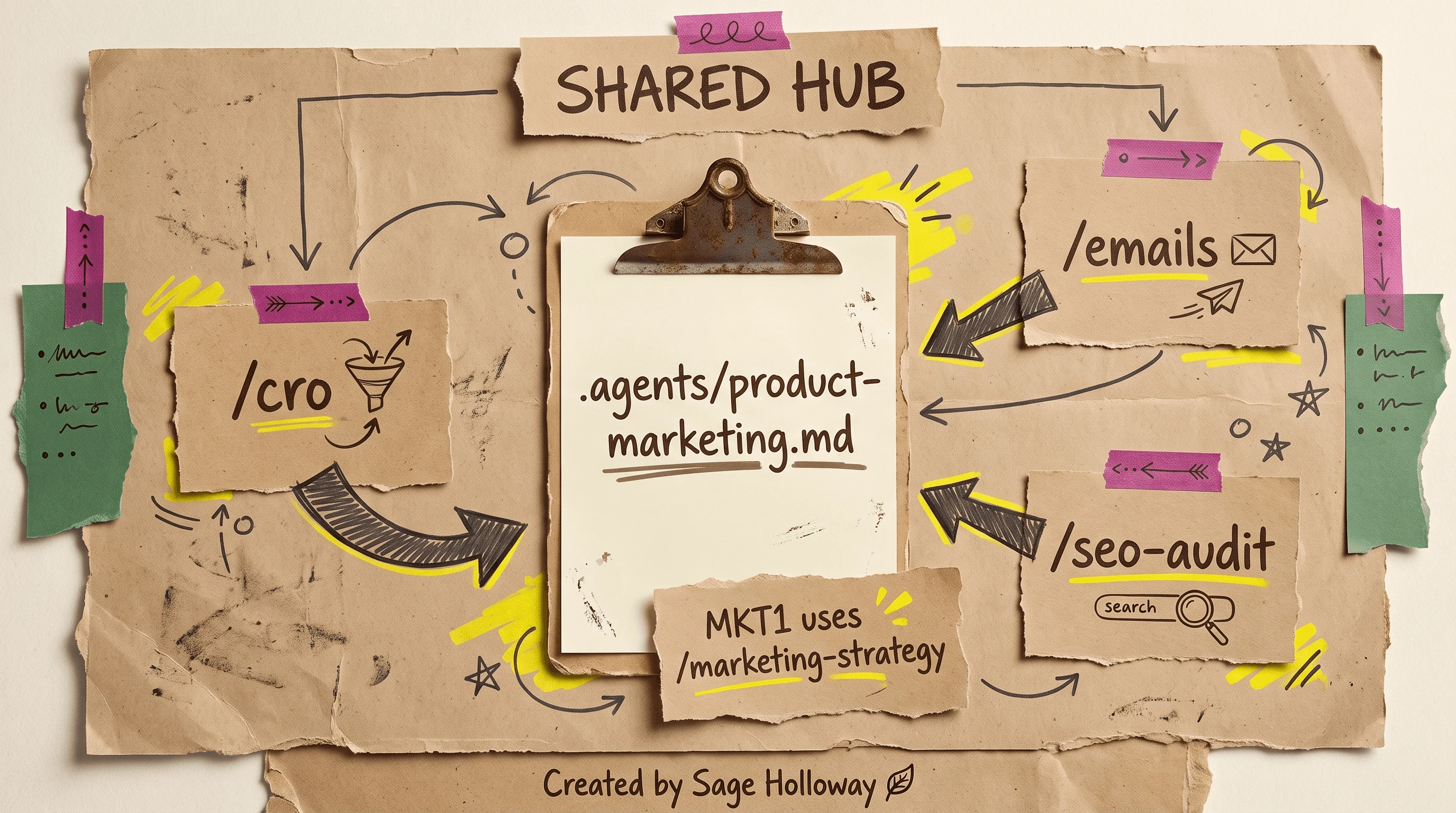Diagram of product-marketing.md feeding cro emails and seo-audit skills