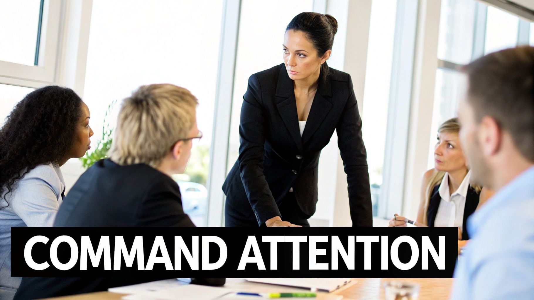 A confident female executive in a black suit leads a professional business meeting, commanding attention from her team.