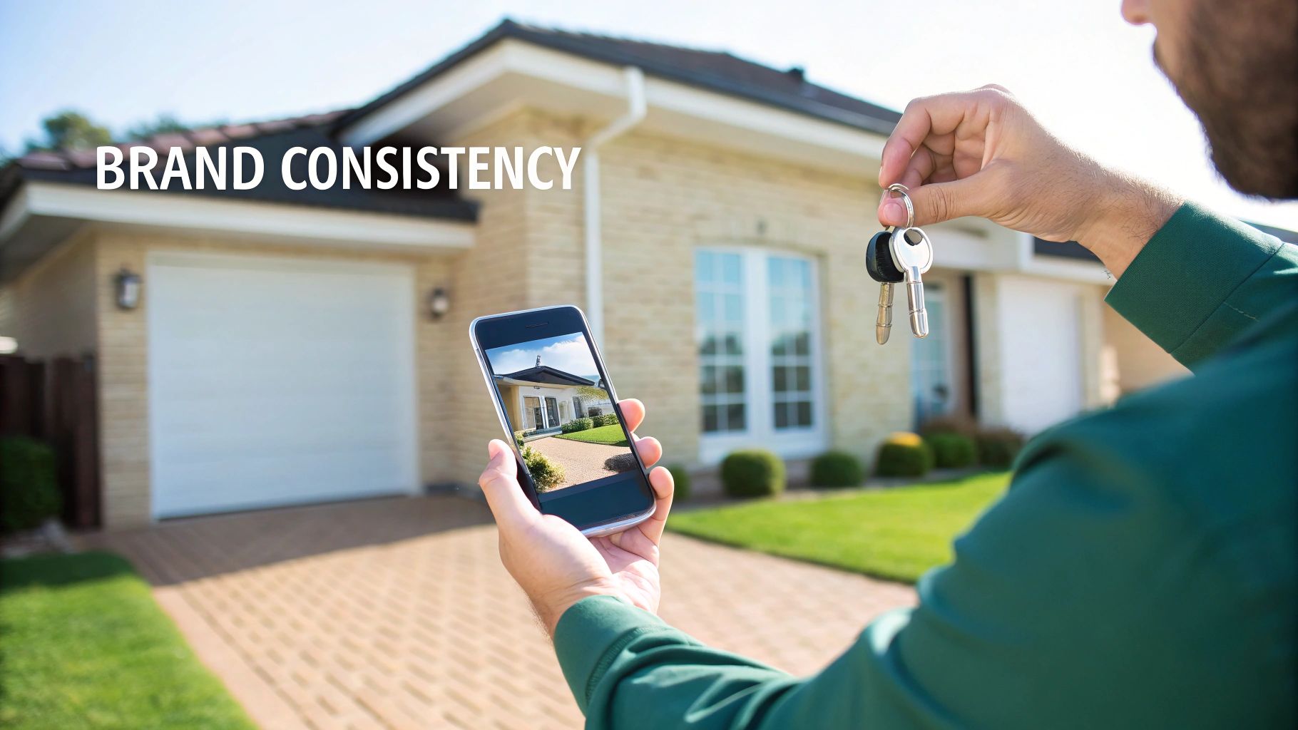 A person holds a smartphone displaying a house and keys in front of a real house.