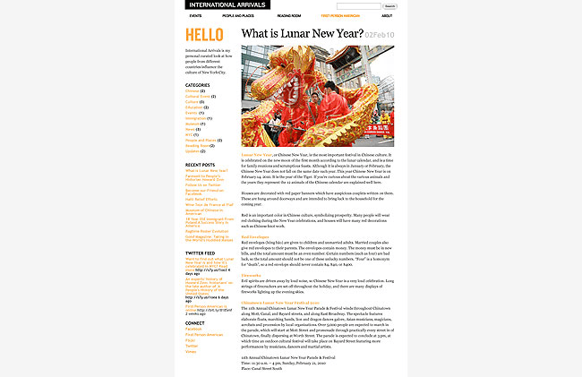 A screenshot of a webpage titled “Hello: What is Lunar New Year?” dated February 2, 2020, displays a Chinese dragon image and a brief article about the holiday. The article includes sections on categories, recent posts, and Twitter feed. The page is categorized under “International Arrivals” and includes navigation links for events, profiles, and news.