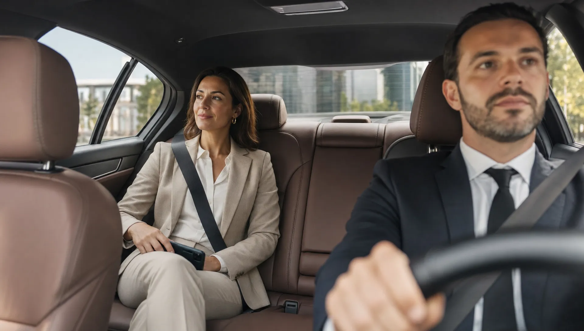 Een vrouwelijke executive zit op de achterbank van een premium sedan terwijl een chauffeur voorin rijdt richting een kantoor, met een rustige zakelijke sfeer en een nette cabine.