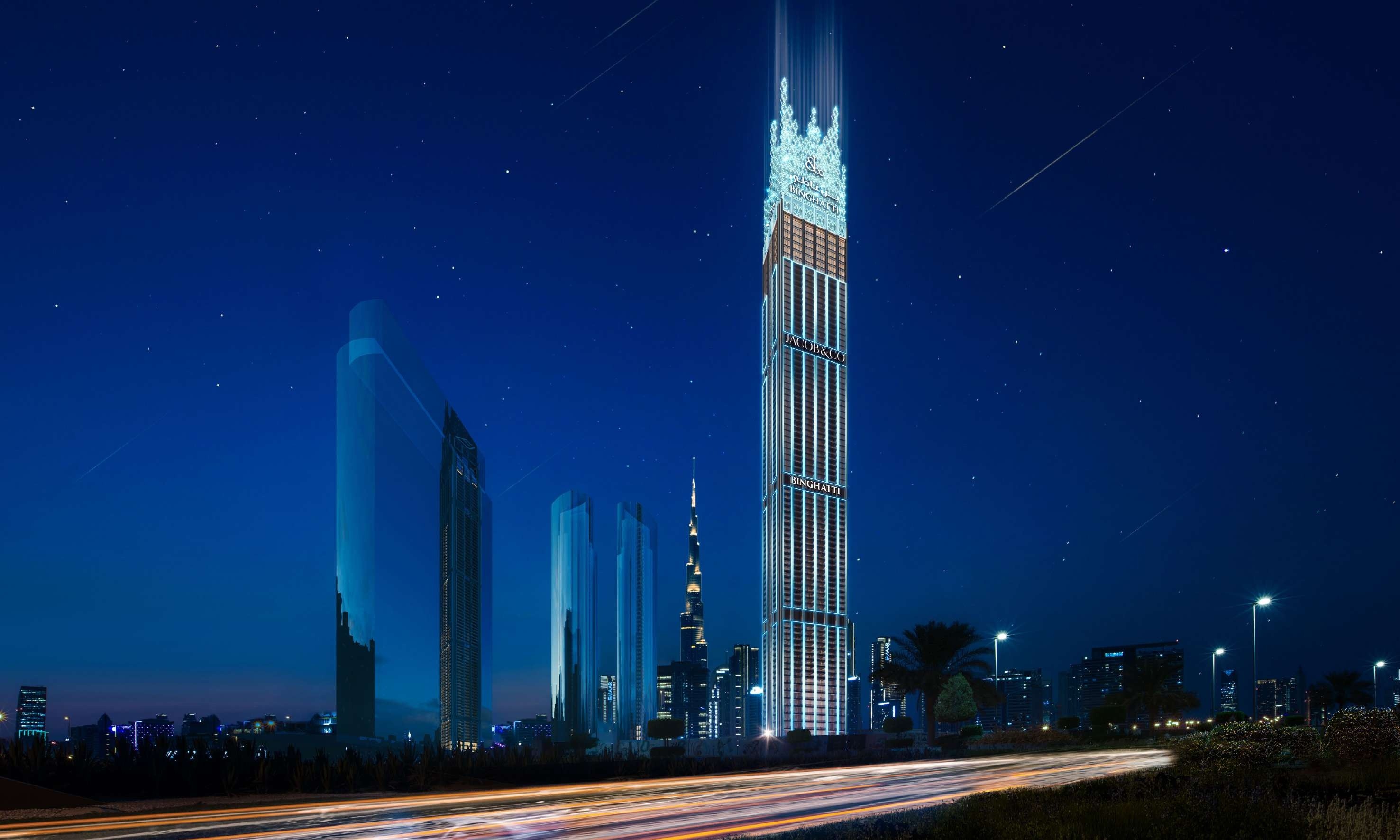 Artistic render of Burj Binghatti tower’s diamond crown designed in partnership with Jacob & Co. Buy Dubai’s most luxurious residences with crypto on Tylt Real Estate.