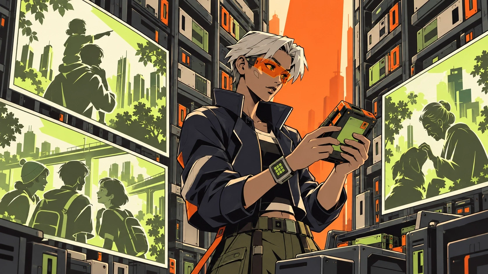 KAI holding a recovered memory device between illuminated archive panels
