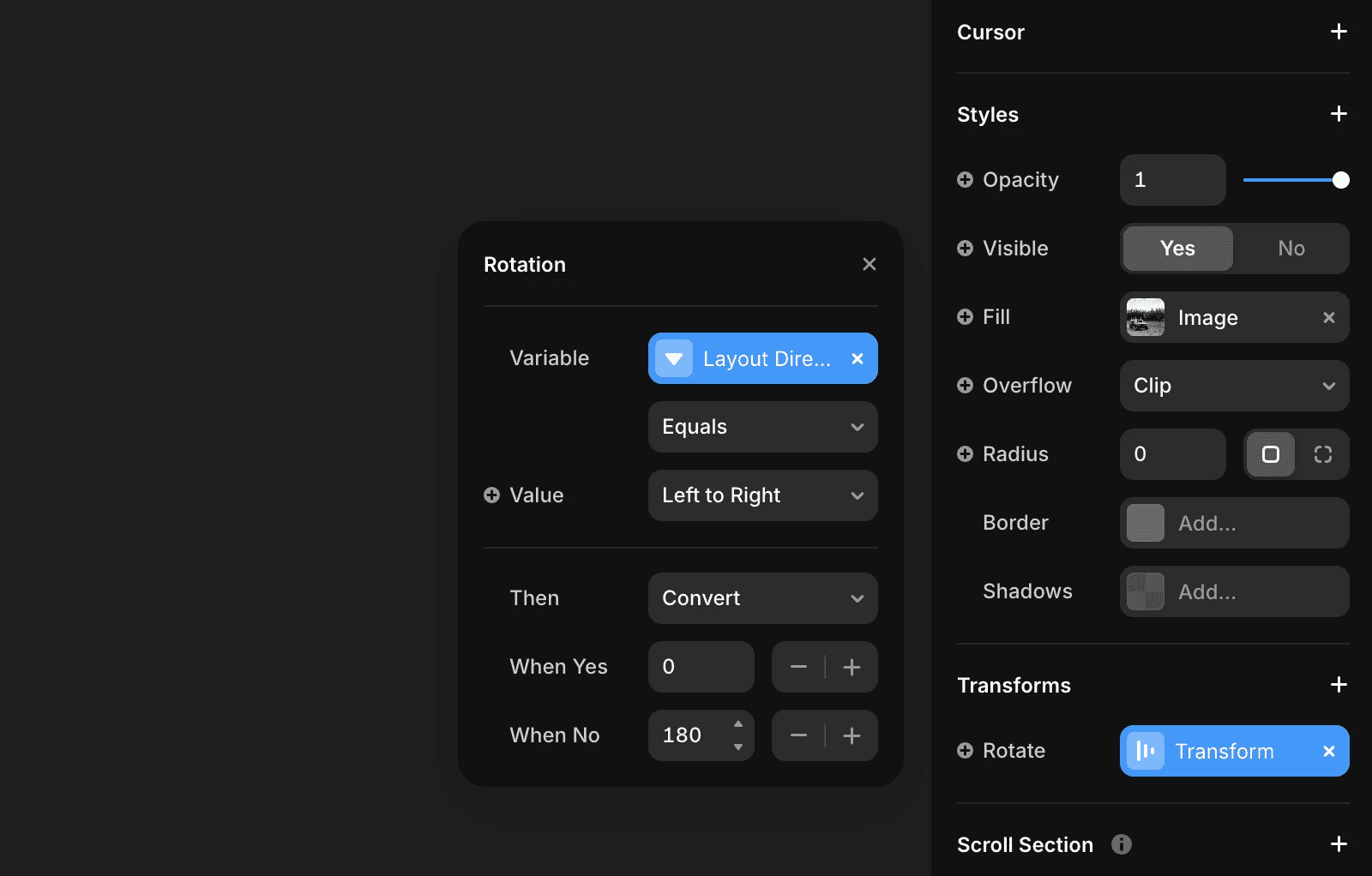 Framer Rotation panel showing a layout-direction variable that converts rotation: 0 degrees when layout is Left to Right, 180 degrees when not, with Transform → Rotate enabled in the right sidebar.