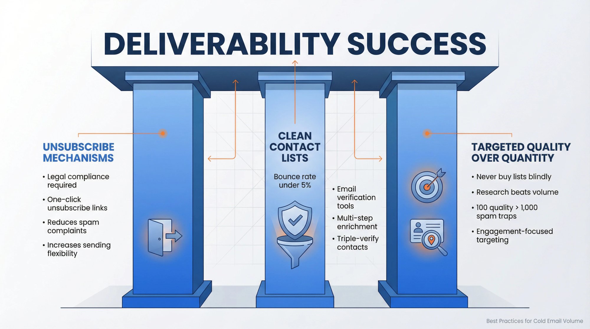 Three foundational pillars supporting cold email deliverability: unsubscribe mechanisms, clean contact lists, and targeted quality