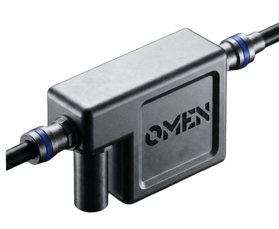 Image of a sensor attached to an industrial system with OMEN written in bold lettering on the side
