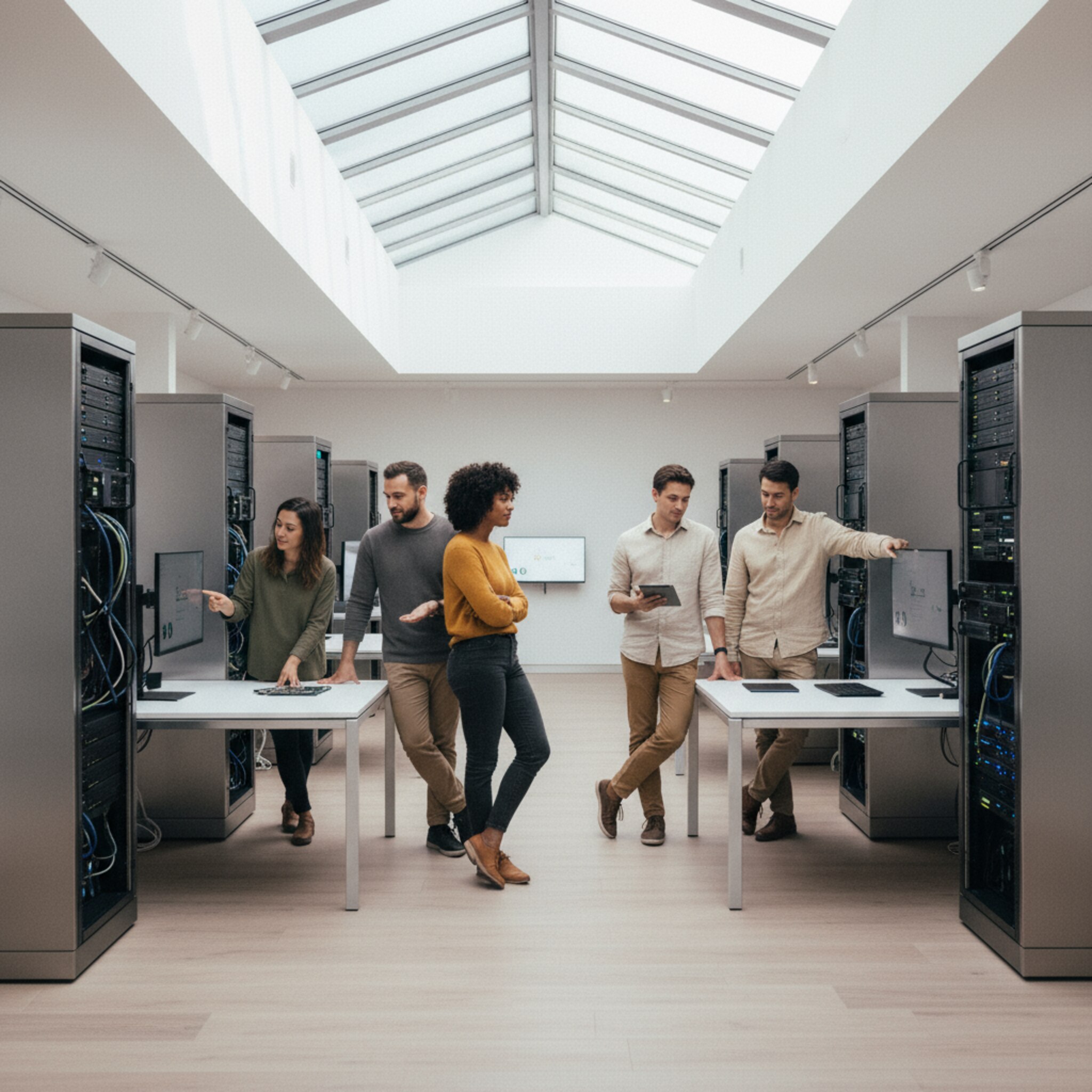 Mehrere Demobuchten sind gleichmäßig im Raum verteilt, jede mit eigenem Rack und Tisch. Ein Team teilt sich auf und bespielt parallel zwei Bereiche. Helles Oberlicht sorgt für klare Sicht. Die Szene zeigt harmonische Auslastung ohne Hektik.