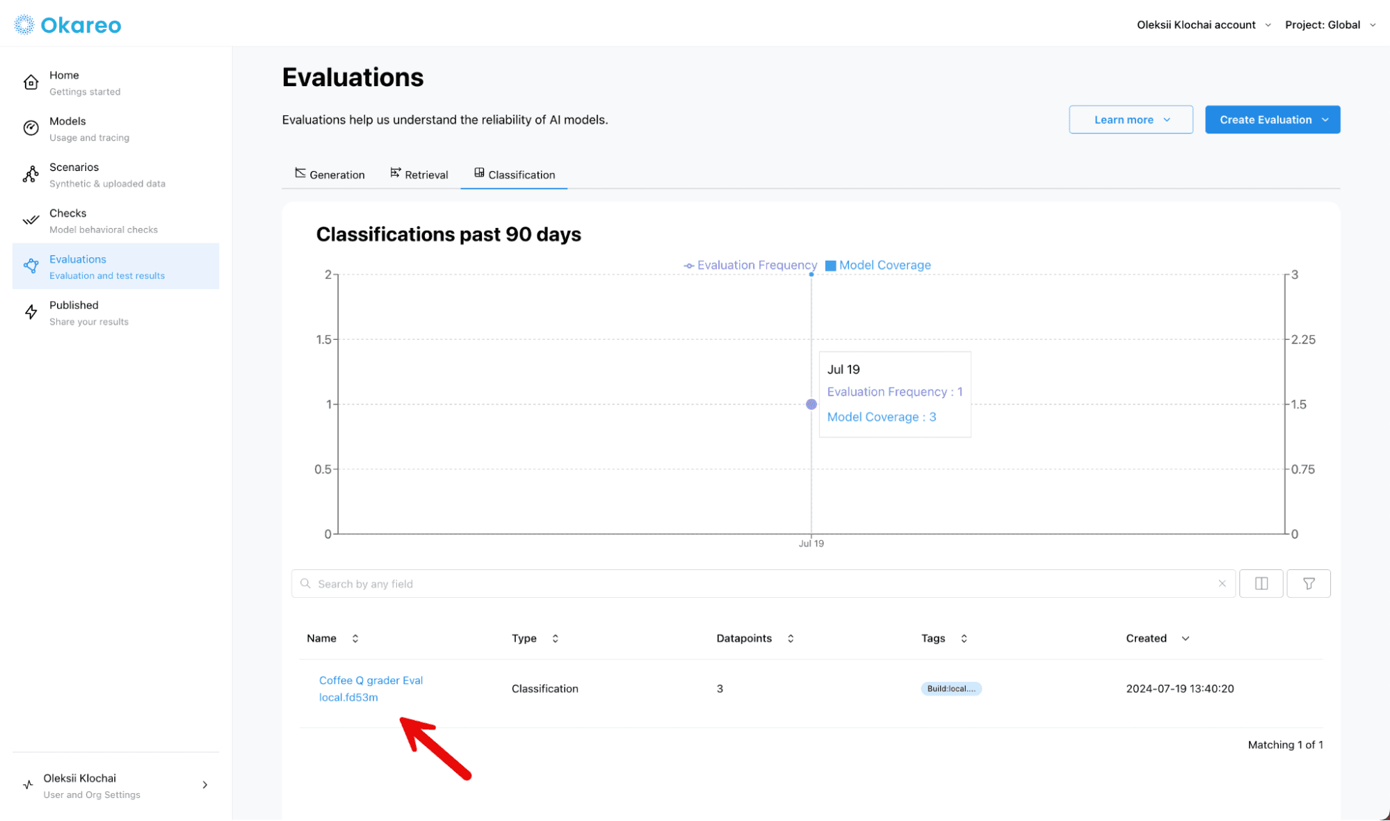 Screenshot of Okareo’s interface showing more detail about the results from testing your AI application.