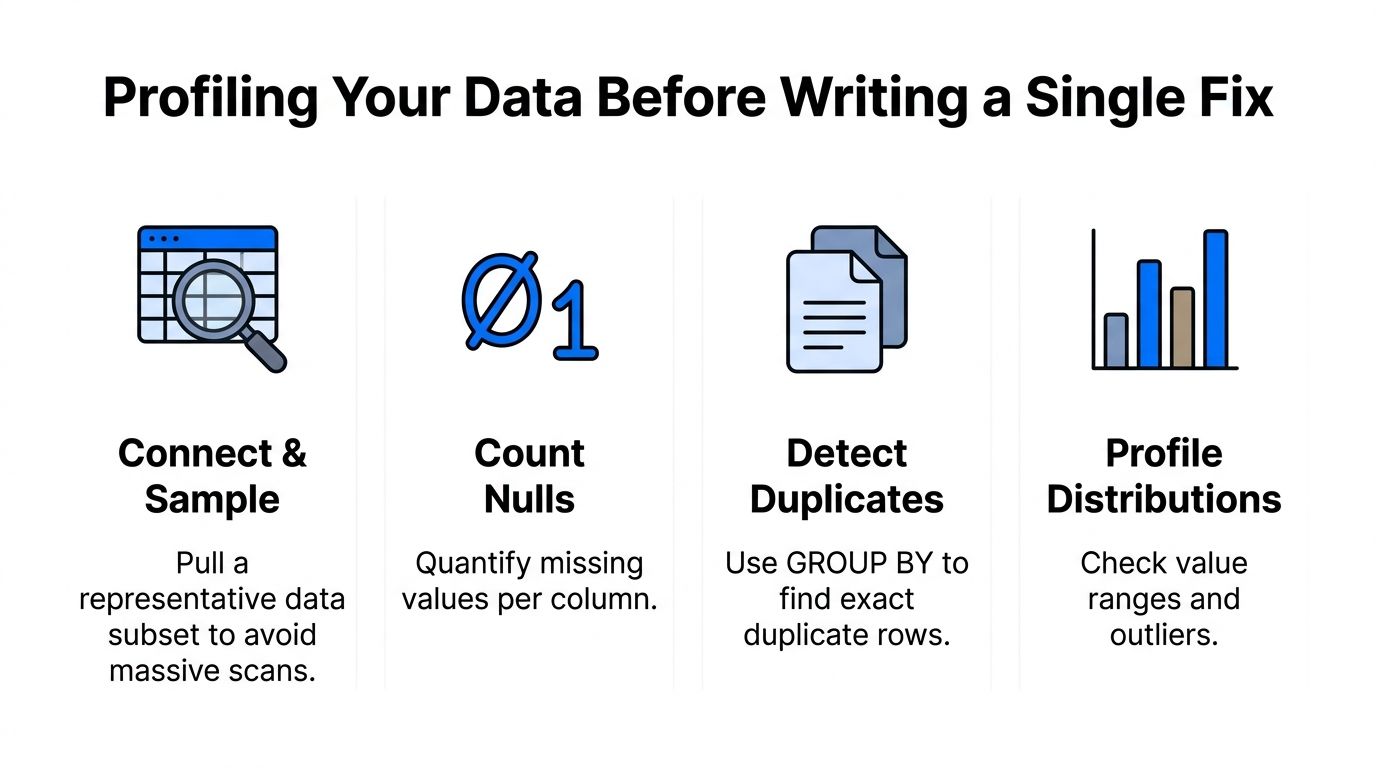 A diagram outlining four steps for profiling data: Connect and Sample, Count Nulls, Detect Duplicates, and Profile Distributions.