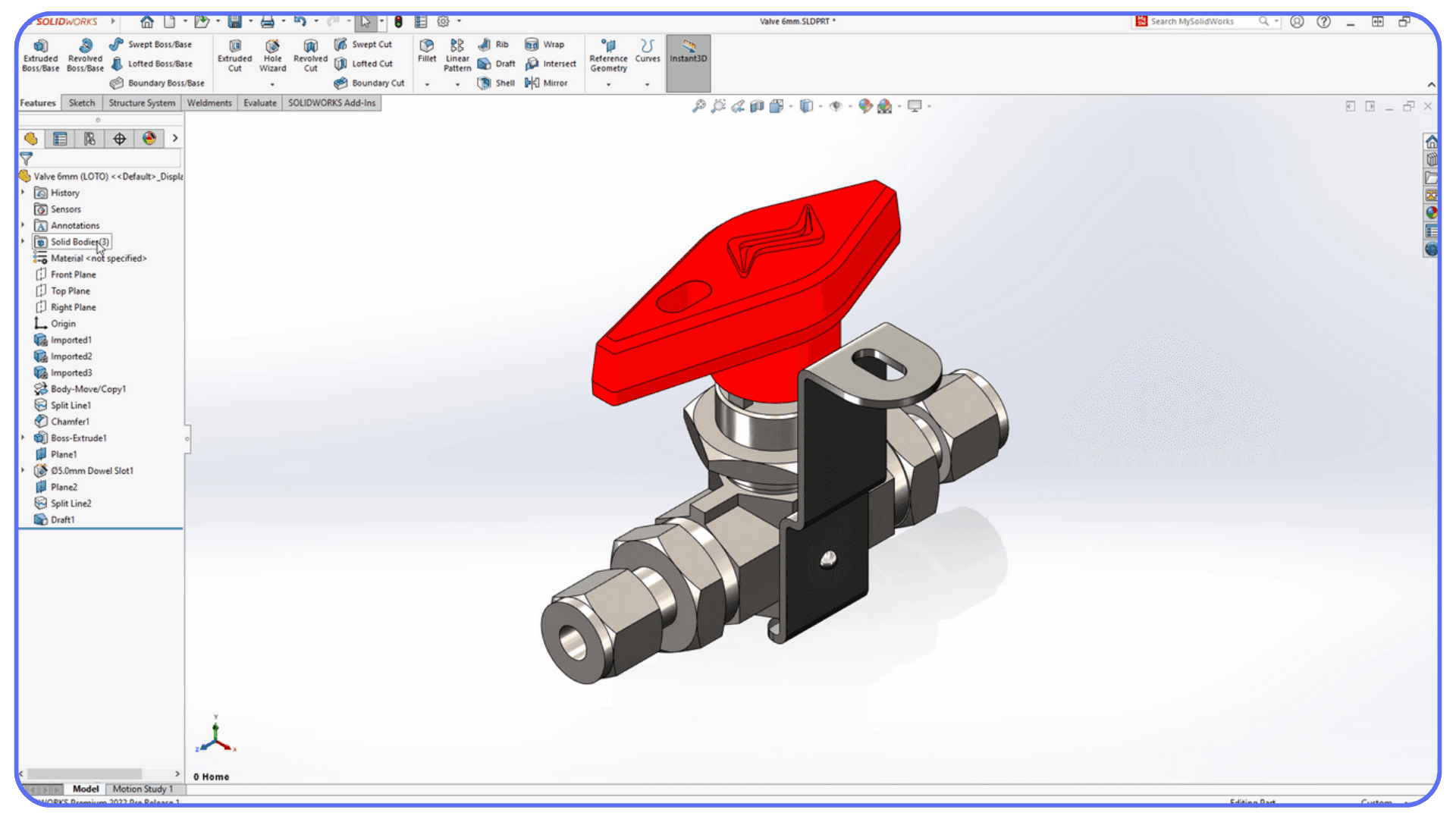 SolidWorks model of a valve assembly with a red handle shown in the design workspace.