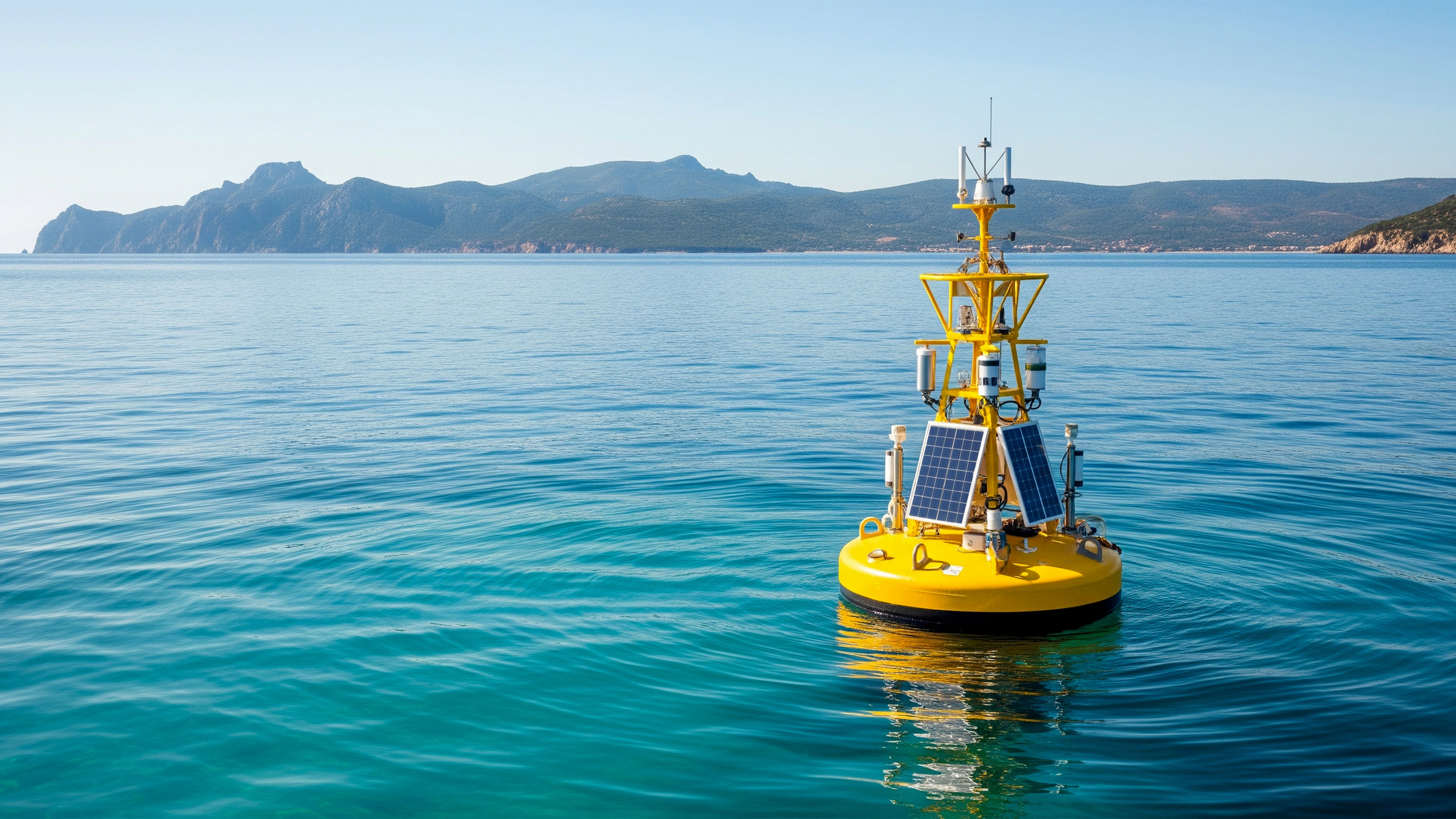 Yellow solar-powered ocean buoy floating on calm blue water with distant mountains in the background.