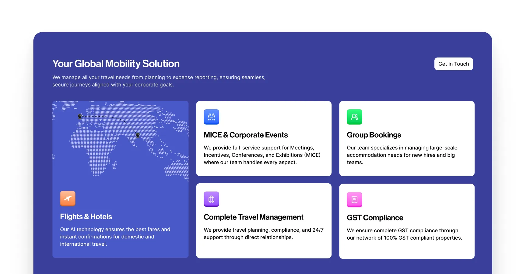 A business traveler with a suitcase gazes out a large airport window as a plane takes off, symbolizing seamless corporate travel and easy bookings, with an adjacent web interface highlighting travel services and contact options.