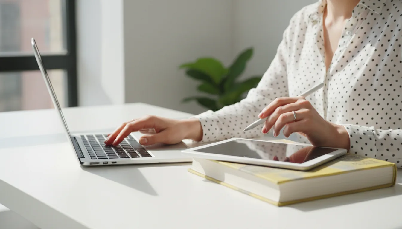 DSLR photograph from a high angle, capturing a woman's hands at a modern white desk. One hand is typing on a silver laptop, while the other holds a white stylus, poised over a white tablet that rests on a thick book with a yellow spine. The scene is illuminated by bright, natural daylight, creating a clean, airy aesthetic with soft shadows. Shallow depth of field keeps the hands and devices in sharp focus against a slightly blurred background. The woman wears a white blouse with black polka dots.