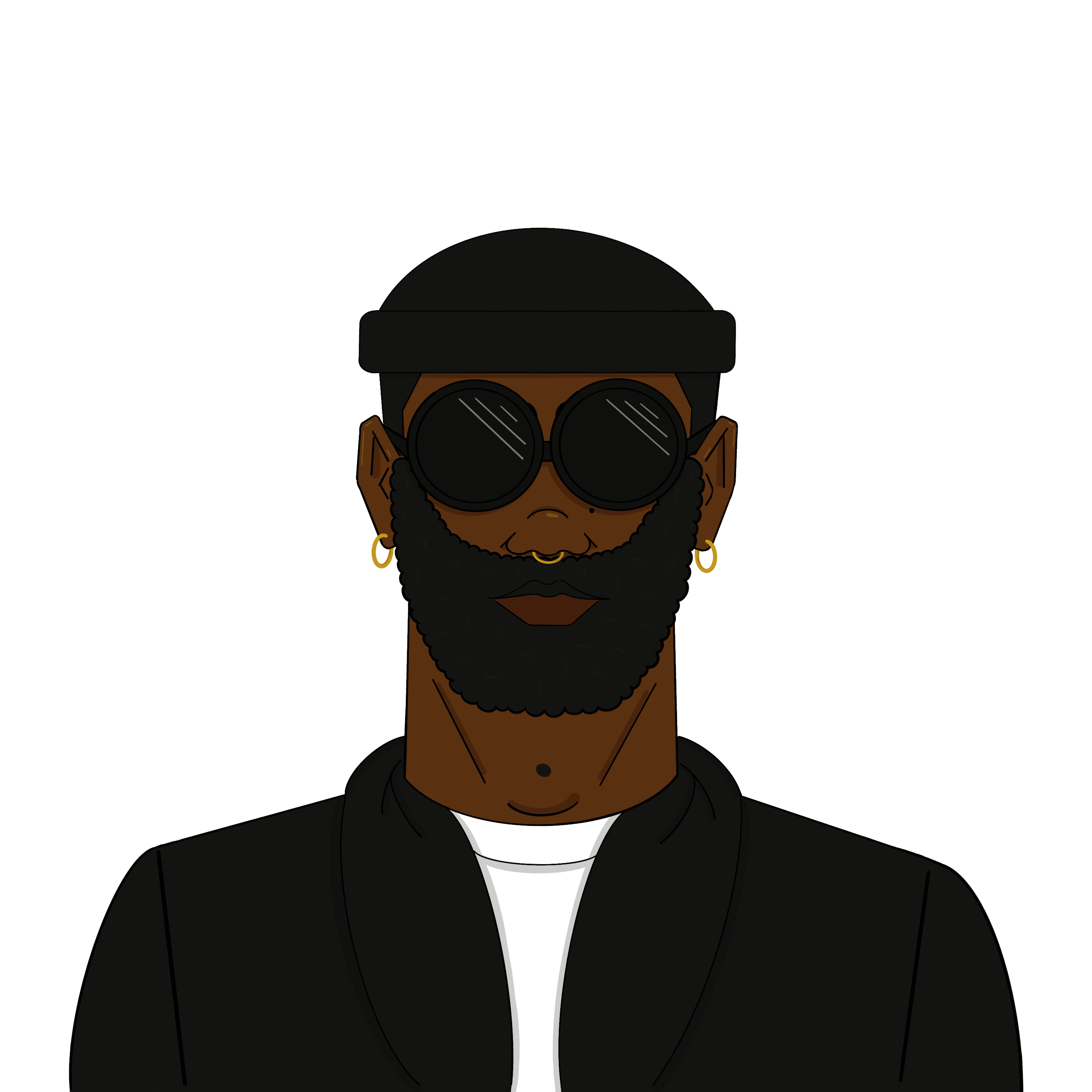 Illustration of Black man with a black skully, dark sunglasses and full beard.