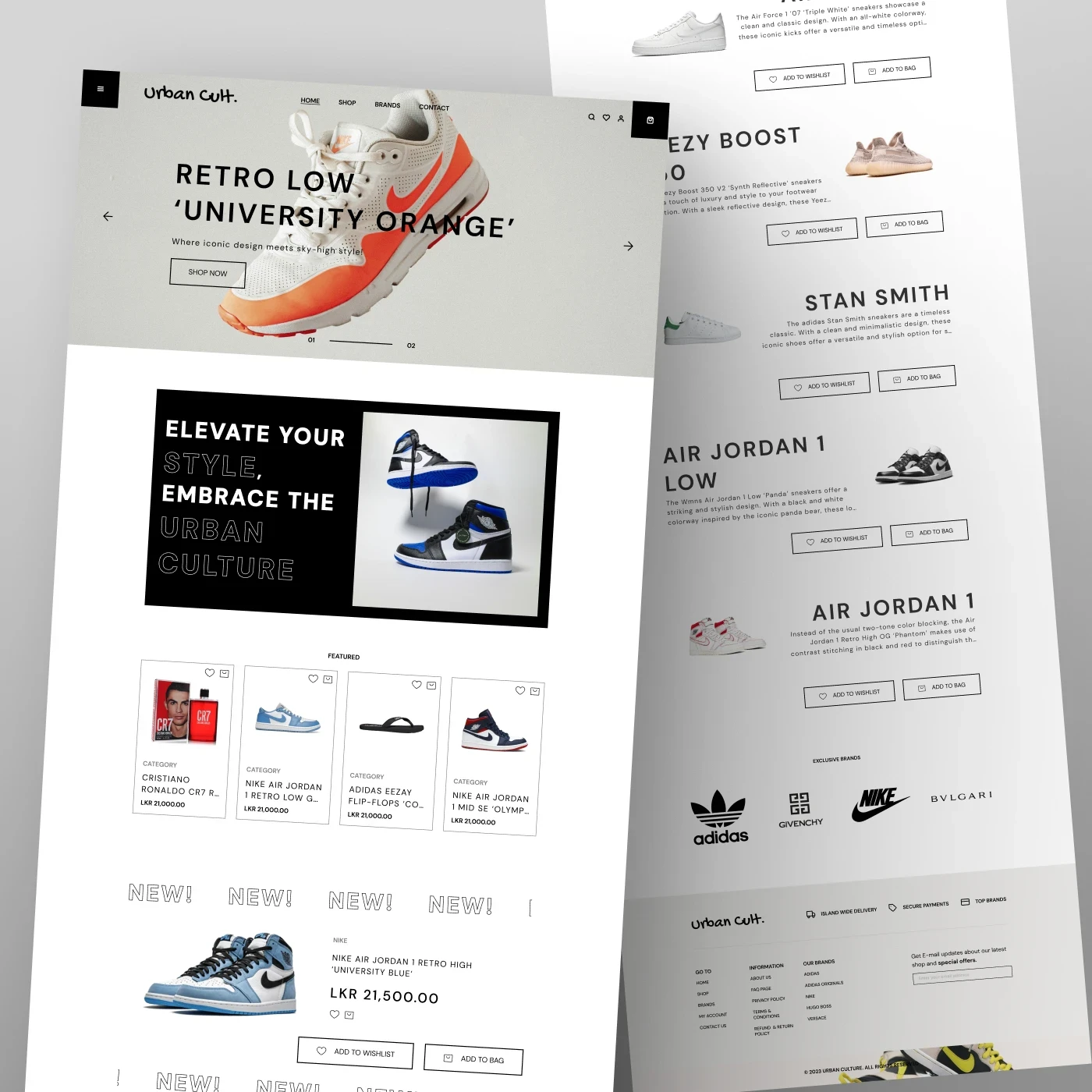 The image showcases a sleek, modern e-commerce website with a minimalist design featuring sneakers like “Retro Low 'University Orange'” and other popular styles such as Yeezy Boost, Stan Smith, and Air Jordan, displayed with clear product images and prices.