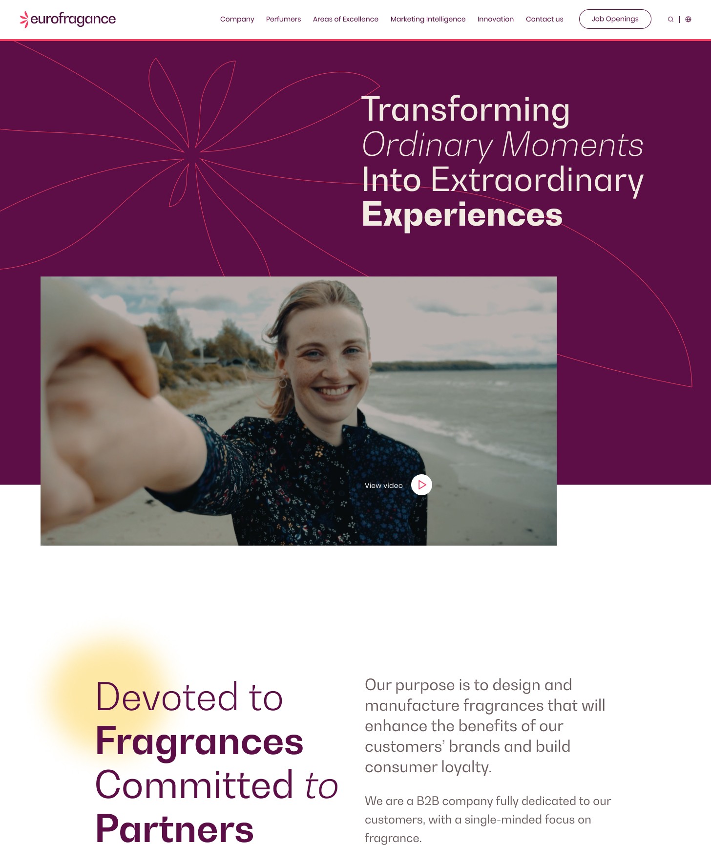 A woman smiling and taking a selfie outdoors is featured on a website banner; the text reads, "Transforming Ordinary Moments Into Extraordinary Experiences," emphasizing the company's focus on fragrance innovation and dedication to partners.