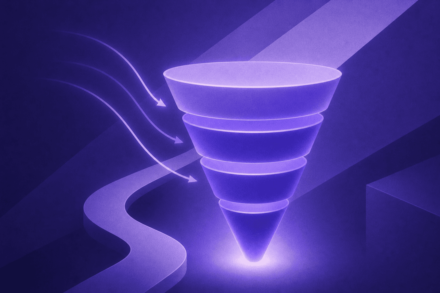 A clean, modern B2B sales funnel diagram visualization showing multiple stages from top to bottom, with a wide top narrowing to a point at the bottom. The funnel is depicted in shades of blue and teal with a professional gradient. Each stage of the funnel glows slightly to indicate progression. Abstract geometric shapes and smooth flowing arrows guide the eye downward through the funnel stages. Dark background with professional lighting, minimalist business illustration style, no text or labels.