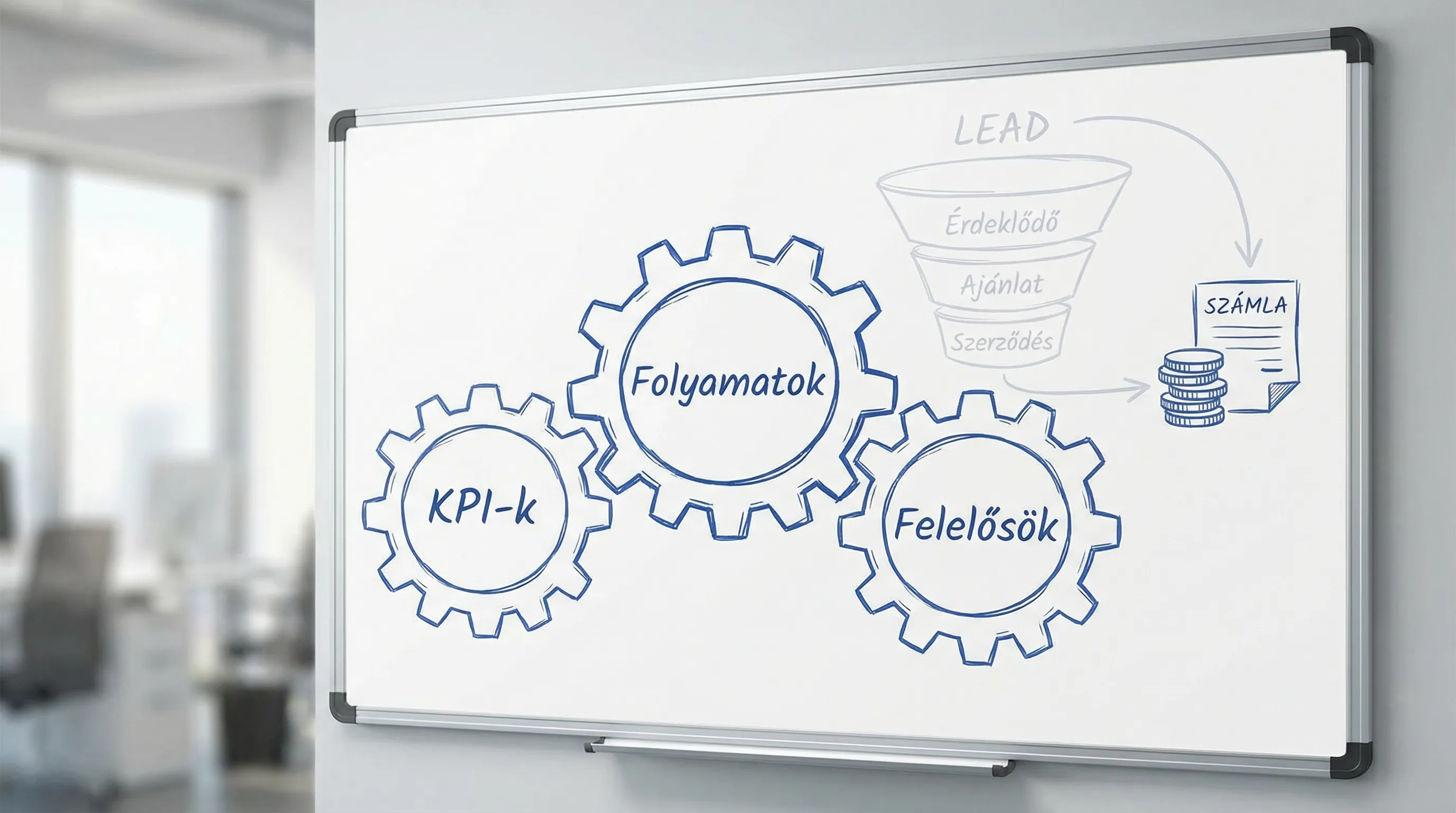 Egyszerű ábra három egymásba kapcsolódó fogaskerékről, a fogaskerekek feliratai: KPI-k, Folyamatok, Felelősök. A háttérben halványan egy KKV értékesítési tölcsér és egy számla ikon látszik, jelezve a leadtől a bevételig tartó láncot.