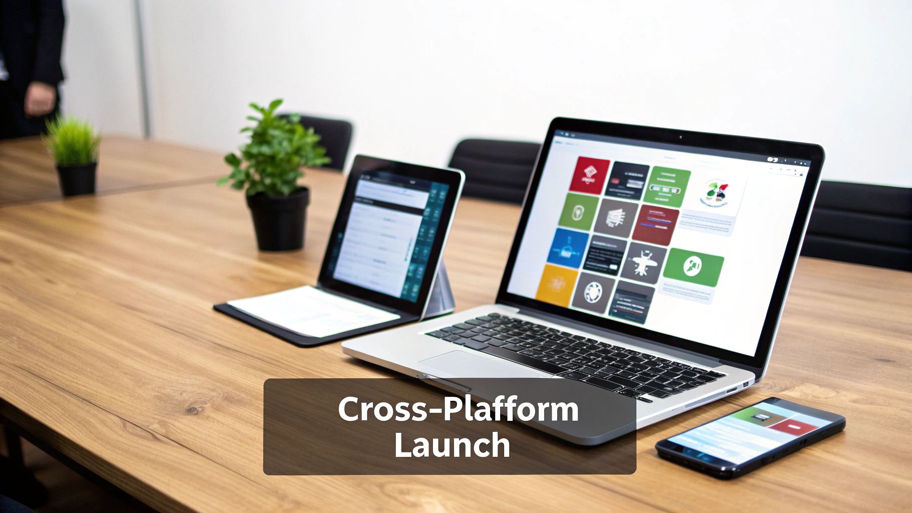 Developers collaborating on a mobile app interface using cross-platform tools.