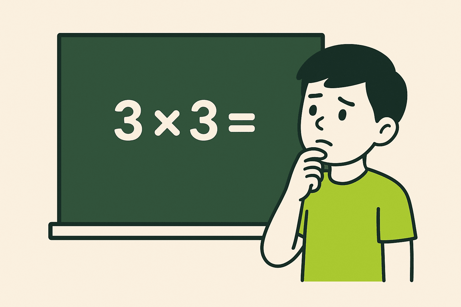 Kind voor schoolbord die aan het nadenken is.