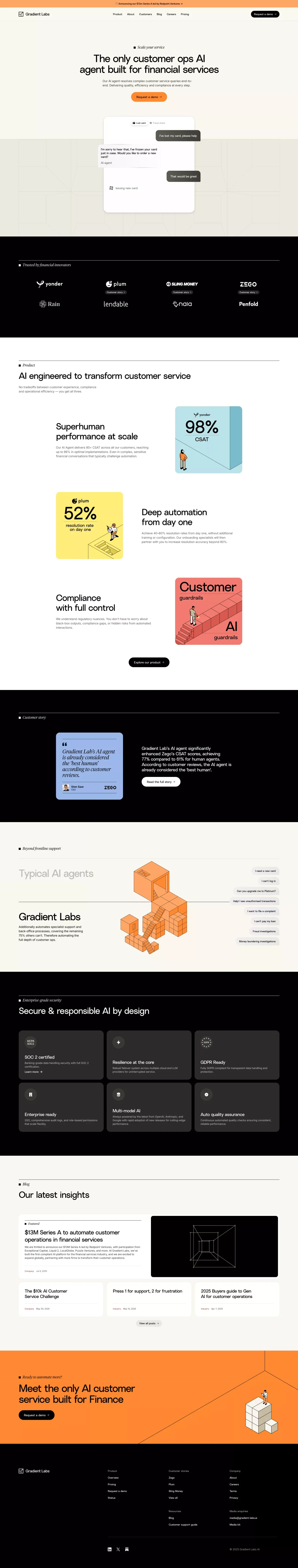 Gradient Labs Â· The only customer ops A landing page screenshot showcasing Finance and Tech design