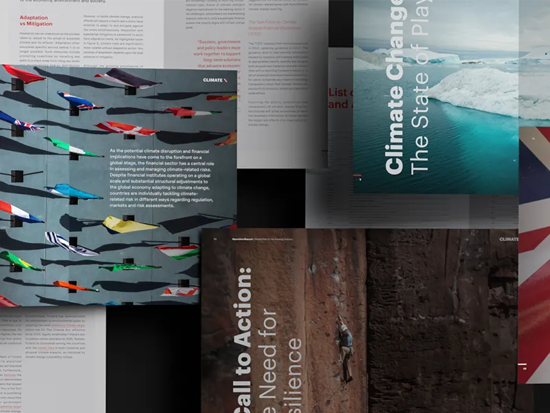 Vue d'ensemble du design éditorial pour le projet Climate X, montrant un montage de plusieurs doubles pages : sections sur les spécificités par pays, le Royaume-Uni, et un appel à l'action pour la résilience climatique. Le design mêle photographies d'icebergs, de drapeaux et de grimpeurs avec une mise en page moderne.