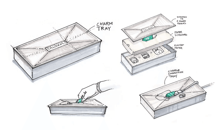 Talsam packaging concept sketches exploring the charm tray, layered construction, and unboxing experience