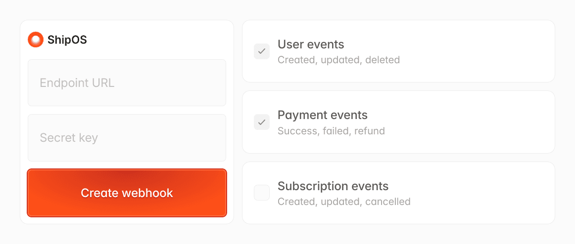 ShipOS interface for creating webhooks, with fields for Endpoint URL, Secret key, and event options.