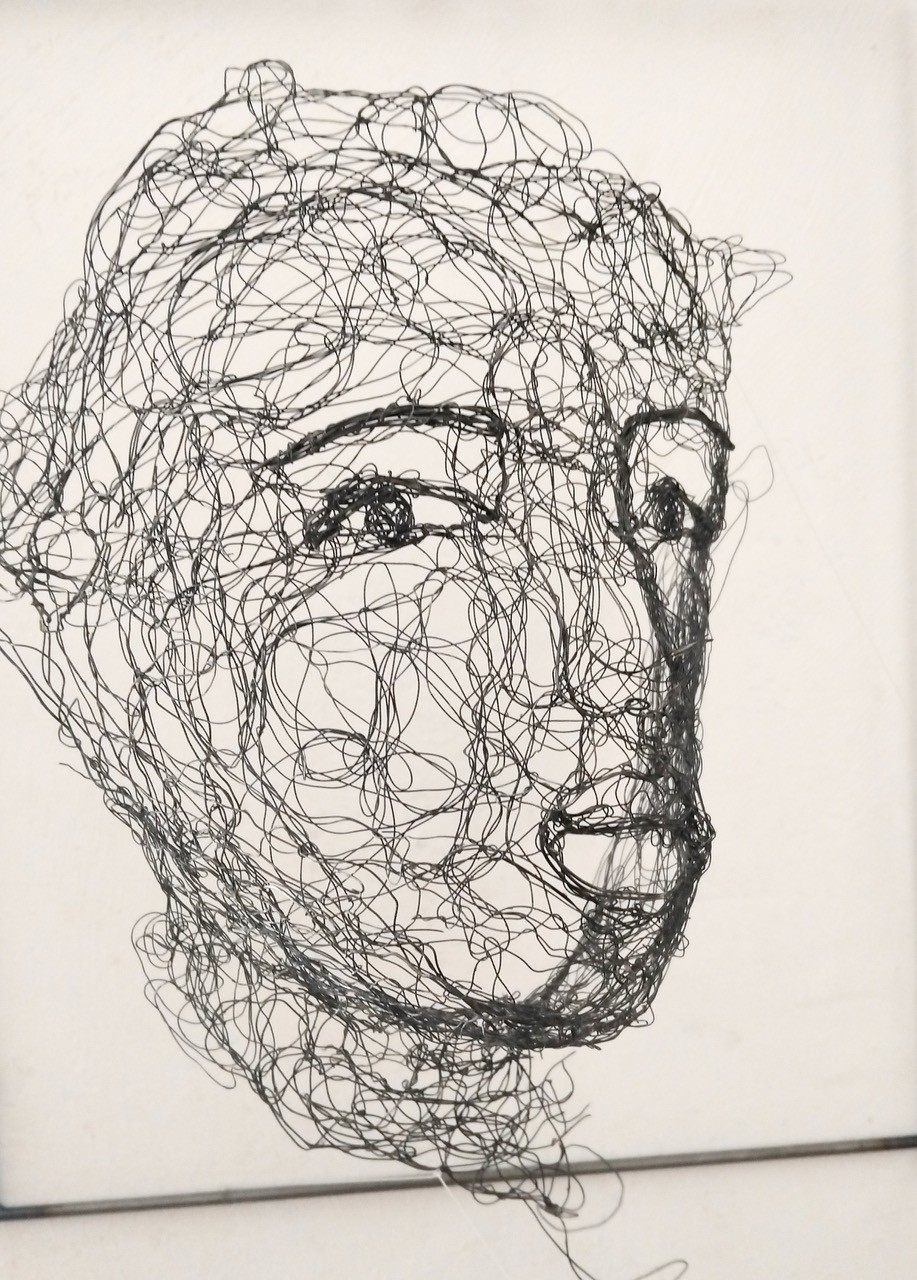 Sculpture en fil de fer représentant le visage d'une femme dans un cadre en fil de fer, vue de profil