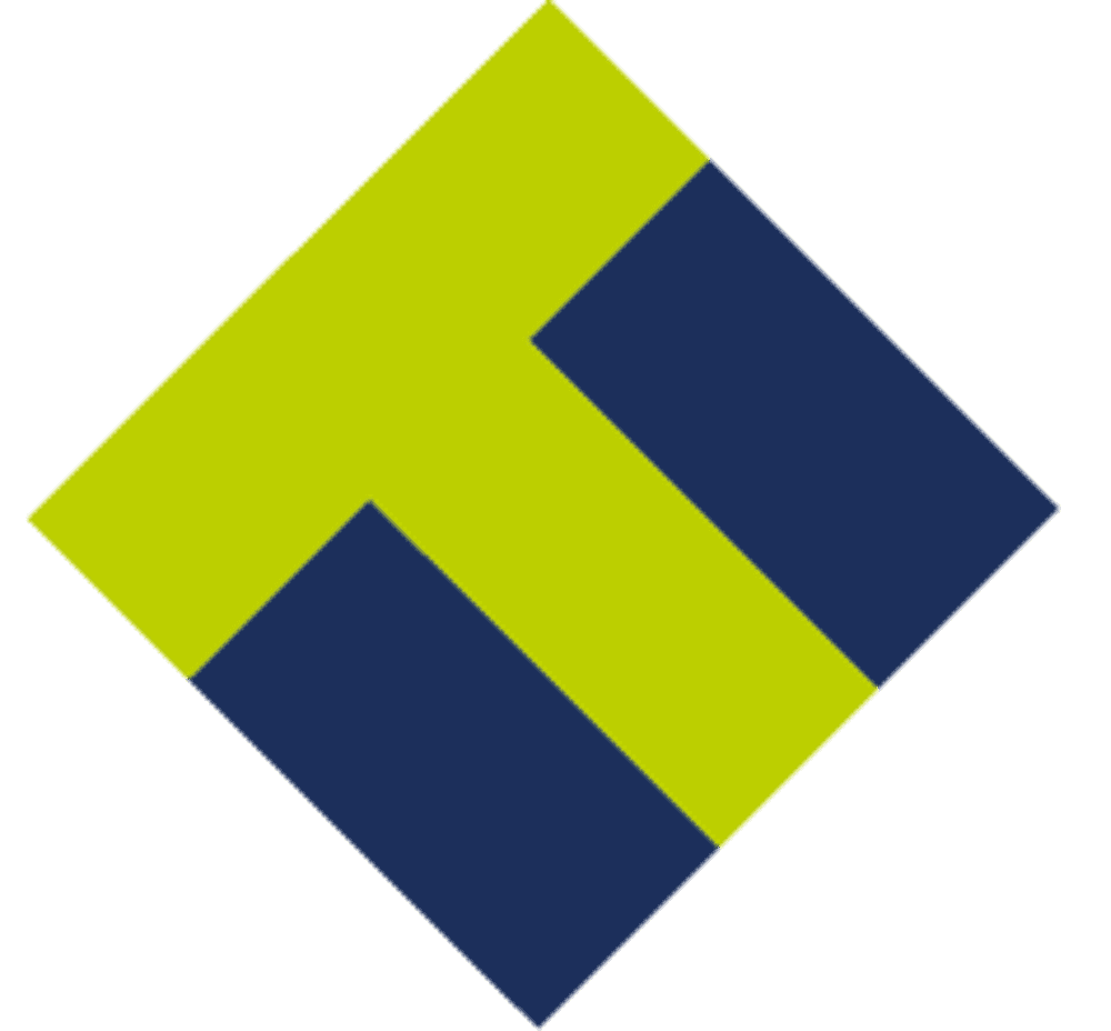 Gelbes "T" auf blauem Quadrat, Logo