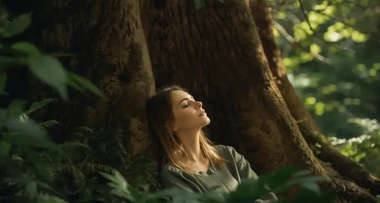 femme se relaxant en foret