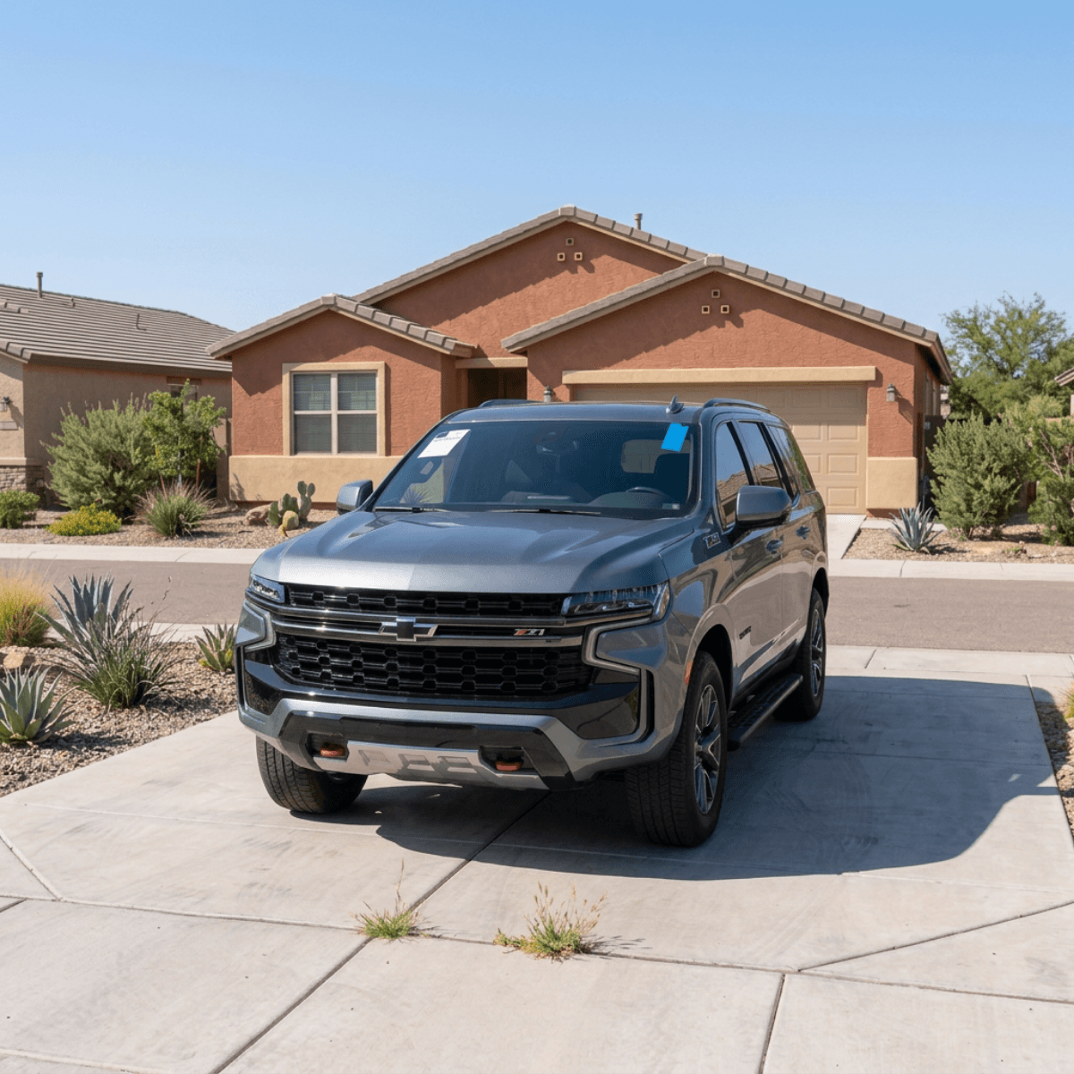 Gray Chevrolet Tahoe with a rock-solid new windshield in a Somerton, Arizona driveway